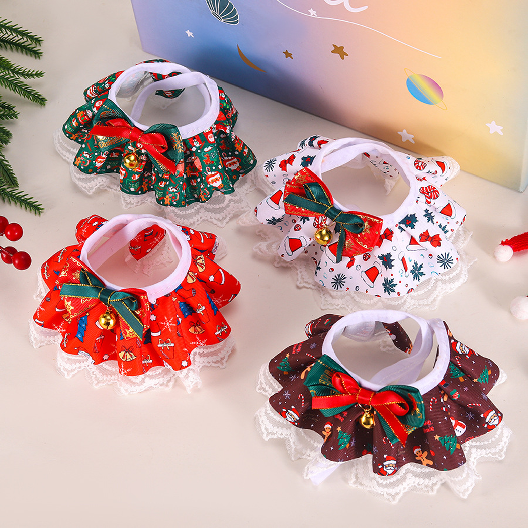 Four holiday-print pet neckwear colors with bows, bells and lace-look ruffled edges