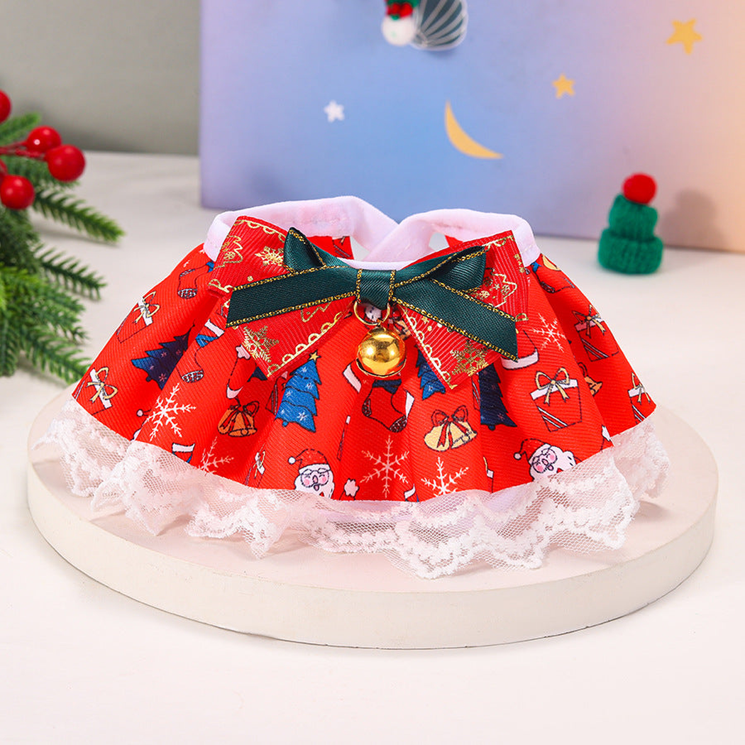 Red holiday-print pet neckwear with green bow, gold-tone bell and lace-look edge
