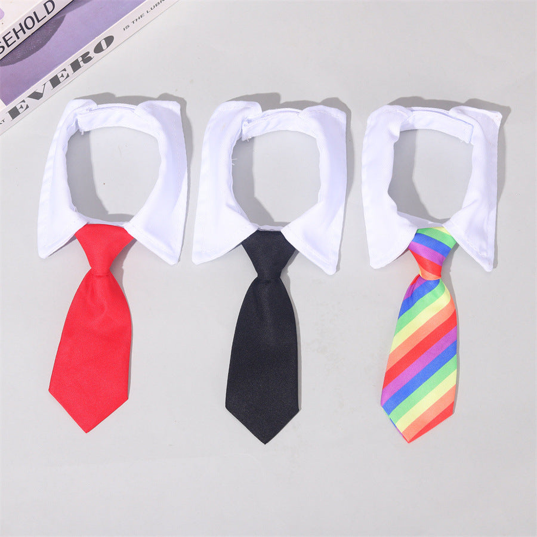 Red, black, and rainbow tie-style pet neckwear displayed together