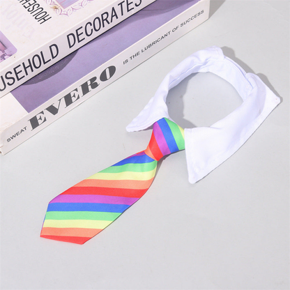 Rainbow tie-style pet neckwear with diagonal stripes and a white pointed neckband