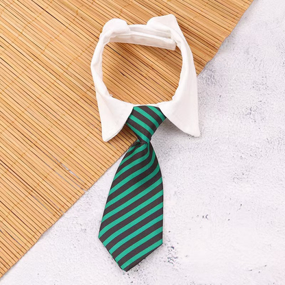 Black Green striped tie-style pet neckwear with a white pointed neckband