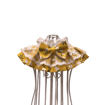 Mustard Yellow floral pet neckwear with layered ruffles, lace-look trim and front bow