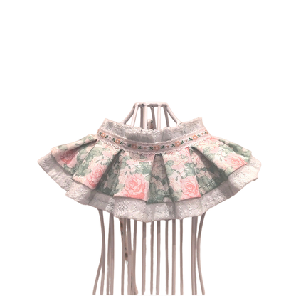 Gray Blue floral pet neckwear with pleated bib shape and layered lace-look trim