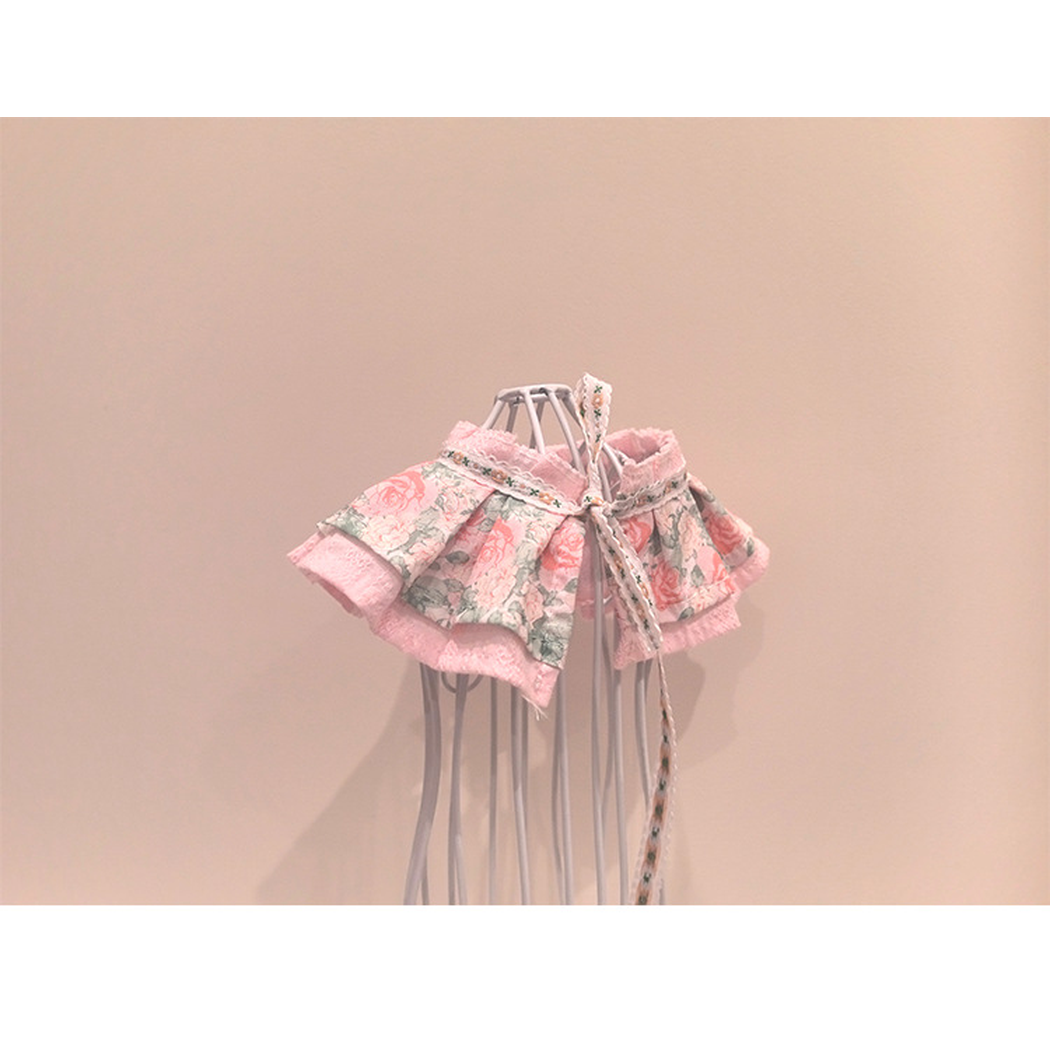 Light Pink floral pet neckwear with long ties, rear three-quarter view