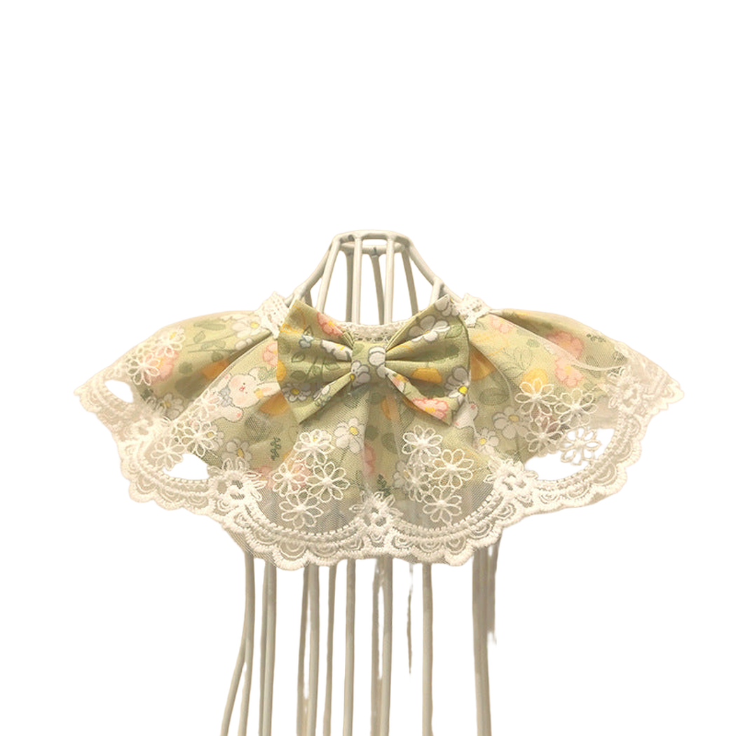 Green floral Pet Neckwear with white lace-look trim and a front bow