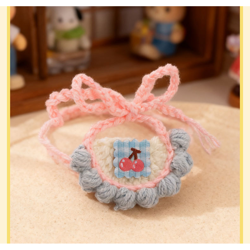 Light Blue pet neckwear with pink ties and cherry patch, front view