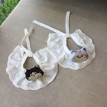 Black and Light Gray cat-face pet neckwear with tie straps displayed side by side