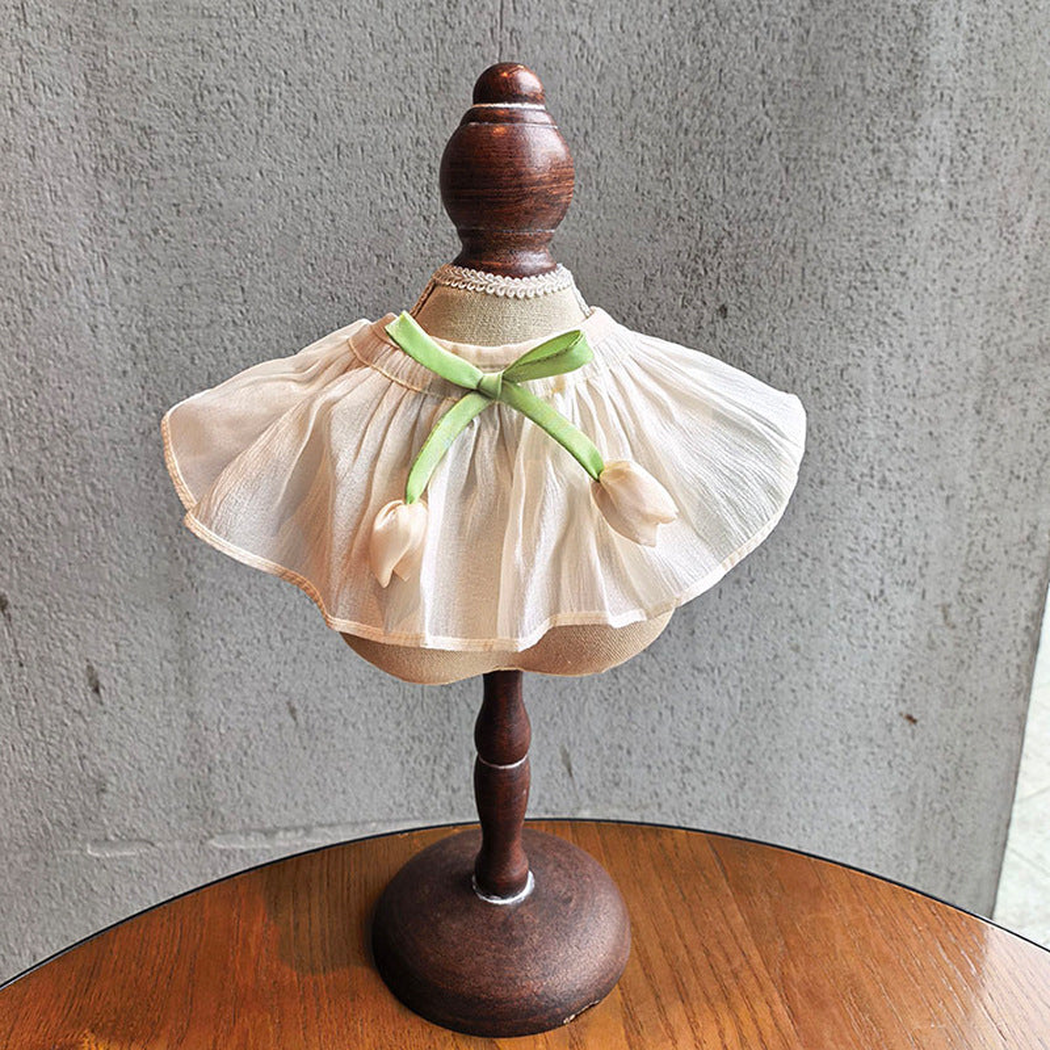 Beige Tulip pet neckwear with gathered ruffle and green ribbon tie