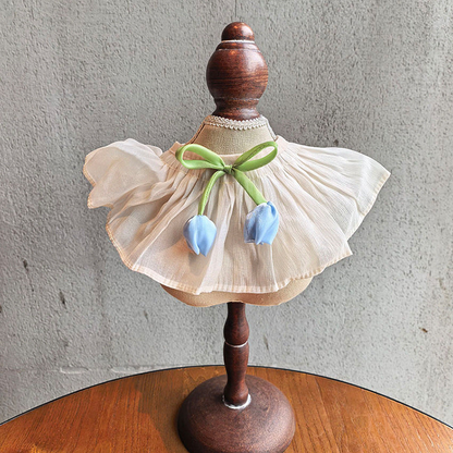 Blue Tulip pet neckwear with gathered ruffle and green ribbon tie