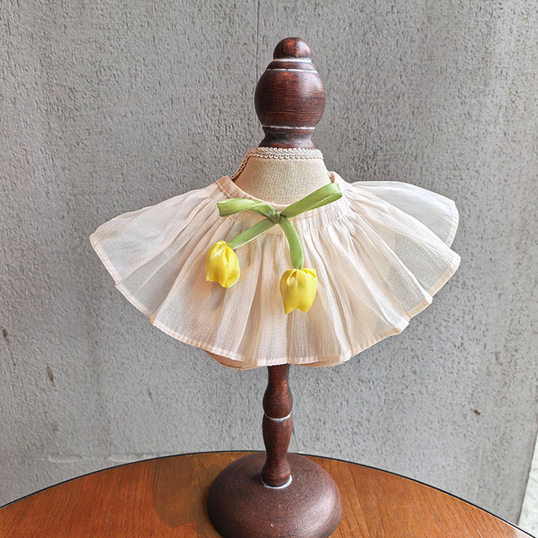 Yellow Tulip pet neckwear with gathered ruffle and green ribbon tie
