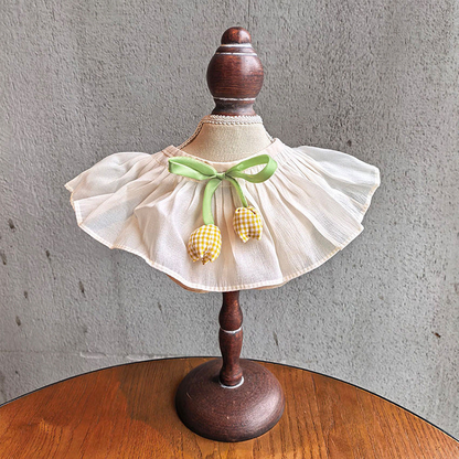 Mustard Gingham pet neckwear with gathered ruffle and green ribbon tie