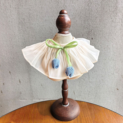 Blue Gingham pet neckwear with gathered ruffle and green ribbon tie
