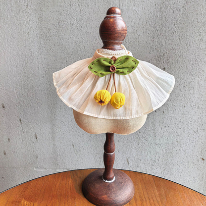 Yellow Cherry ivory pet neckwear with green bow and yellow ornaments