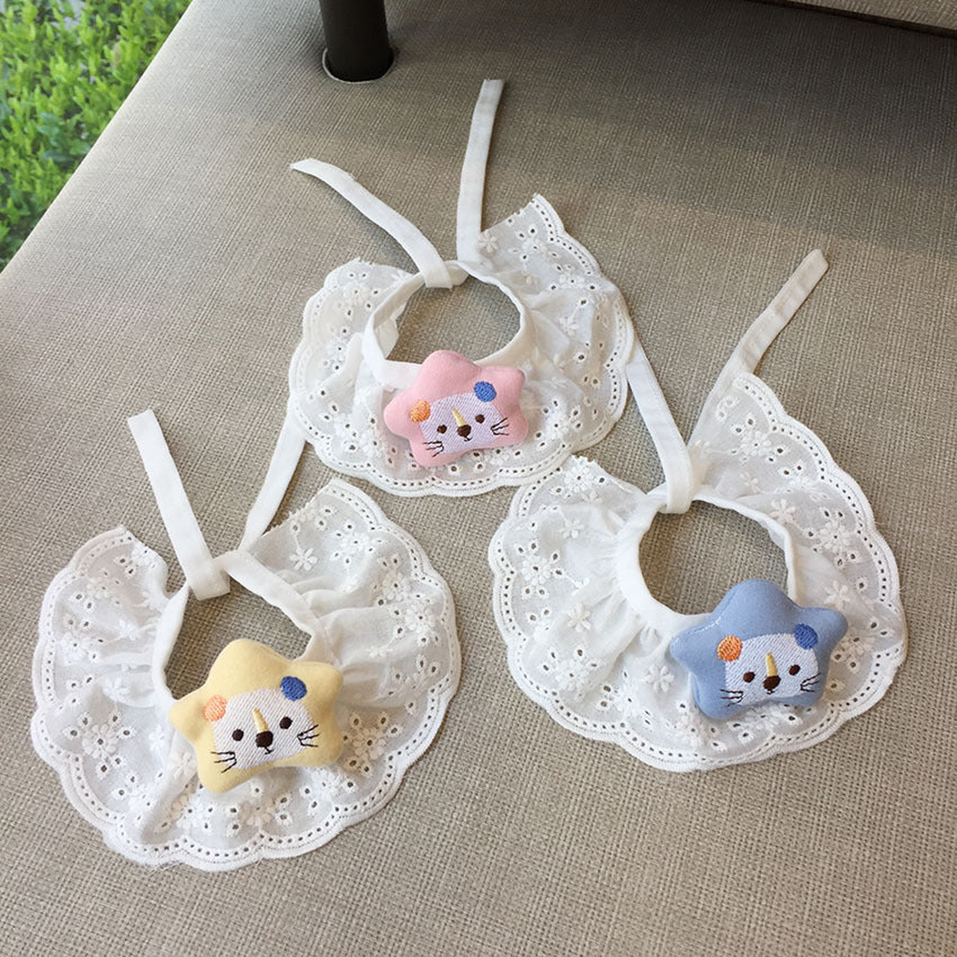 Pink, yellow and light blue ruffled pet neckwear displayed together