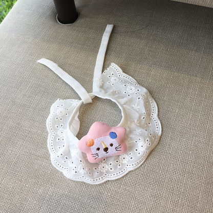 Pink star-accent pet neckwear with white scalloped ruffle and tie straps