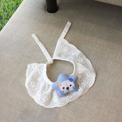 Light blue star-accent pet neckwear with white scalloped ruffle and tie straps