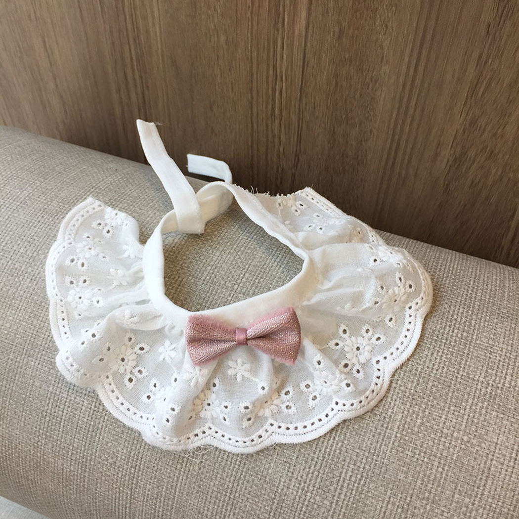 Dusty Pink bow pet neckwear with white floral eyelet ruffles and scalloped edging