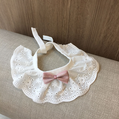 Dusty Pink bow pet neckwear with white floral eyelet ruffles and scalloped edging
