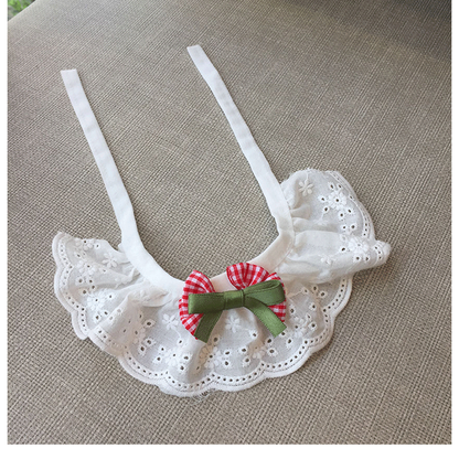 Gingham Bow pet neckwear with white scalloped floral cutouts and extended tie straps