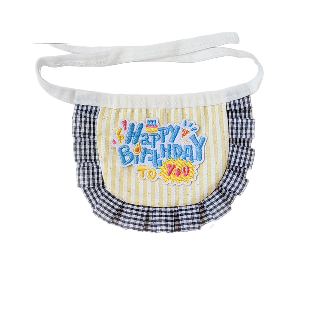 Black gingham birthday pet neckwear with yellow striped center, front view