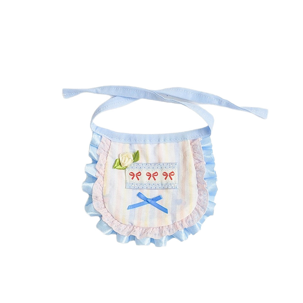 Light Blue bib-shaped pet neckwear with pastel stripes, rose accent and ruffled edge