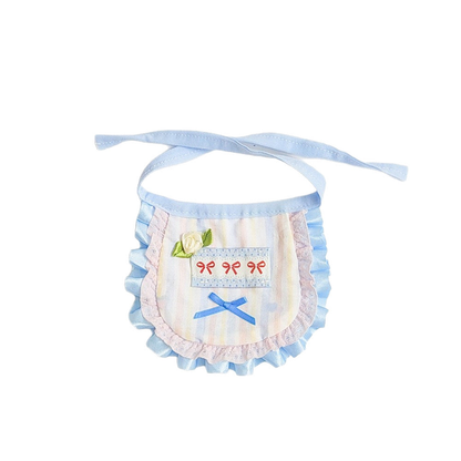 Light Blue bib-shaped pet neckwear with pastel stripes, rose accent and ruffled edge