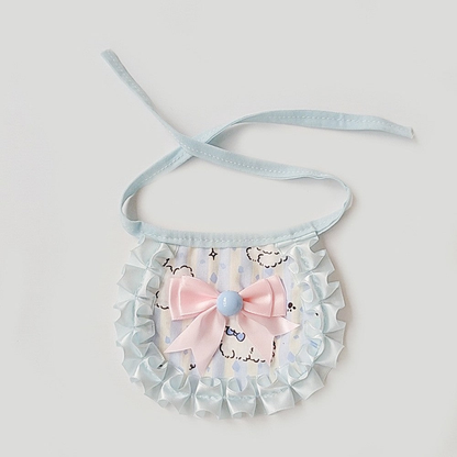 Blue ruffled pet neckwear with pink bow and playful dog motif