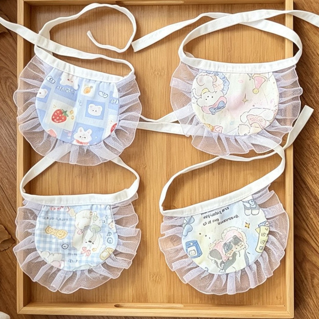 Four pastel cartoon-print pet neckwear styles with white ruffled borders and tie straps