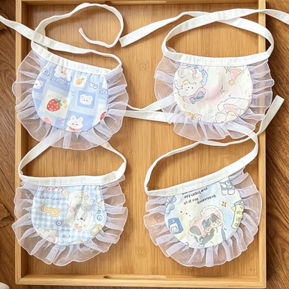 Four pastel cartoon-print pet neckwear styles with white ruffled borders and tie straps