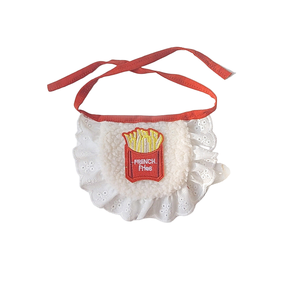 Plush Fries pet neckwear with fries patch, eyelet ruffle and tie straps
