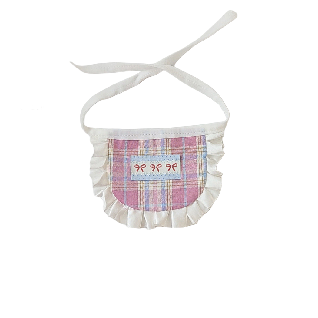 Pink plaid pet neckwear measurement view showing 12 cm by 8.5 cm