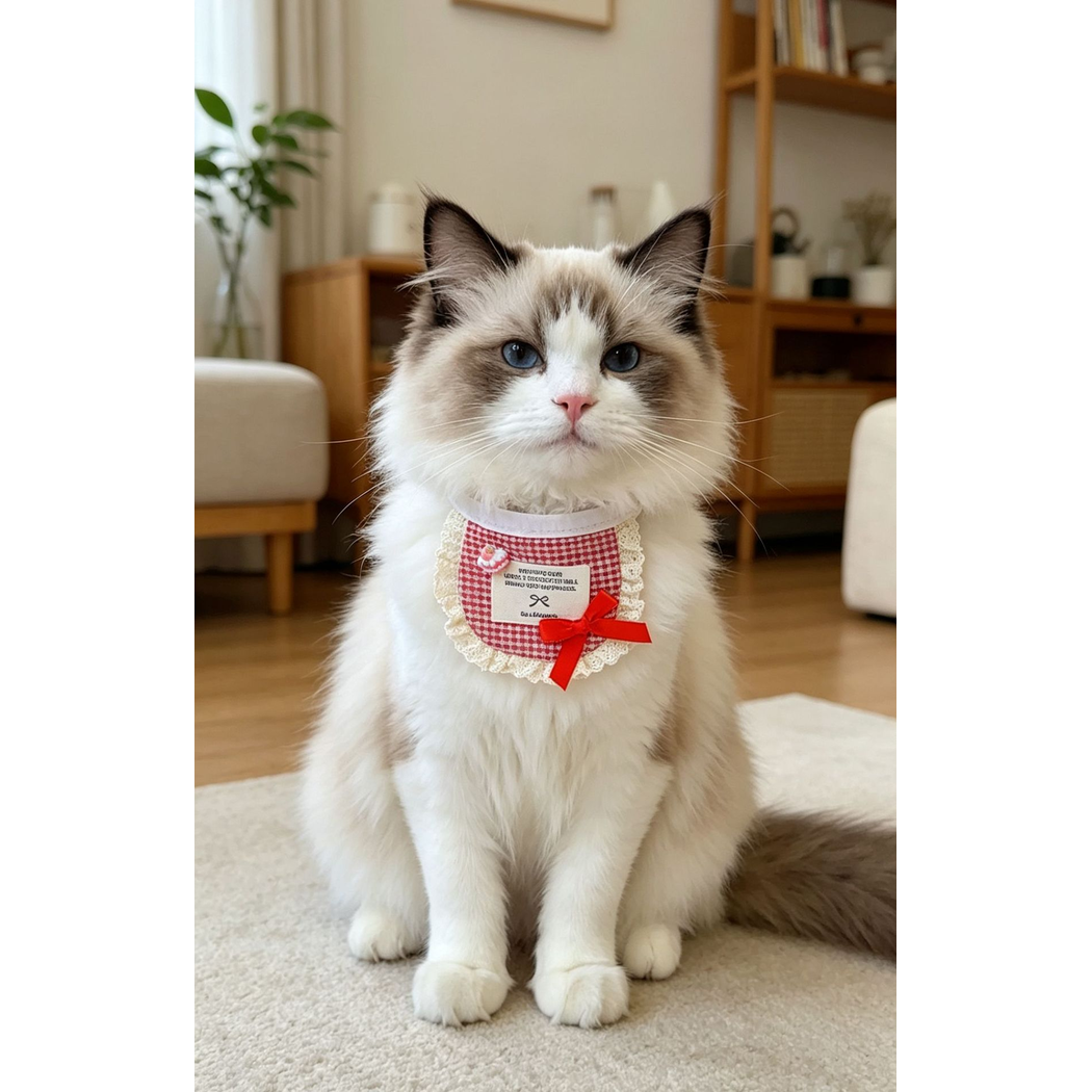 Red Plaid pet neckwear worn by a long-haired cat
