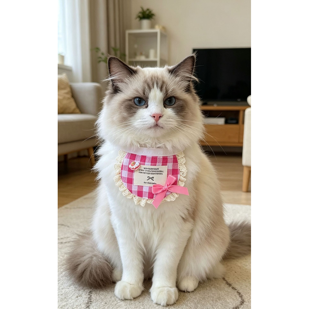 Rose Plaid pet neckwear with pink bow worn by a long-haired cat