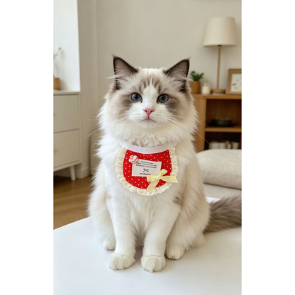 Red Dots pet neckwear with pale yellow bow worn by a long-haired cat