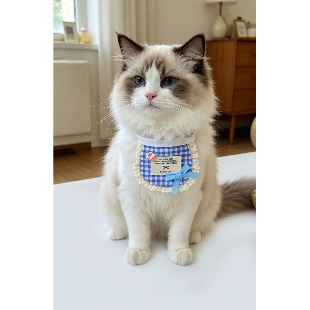 Blue Plaid pet neckwear with lace-look edge worn by a long-haired cat