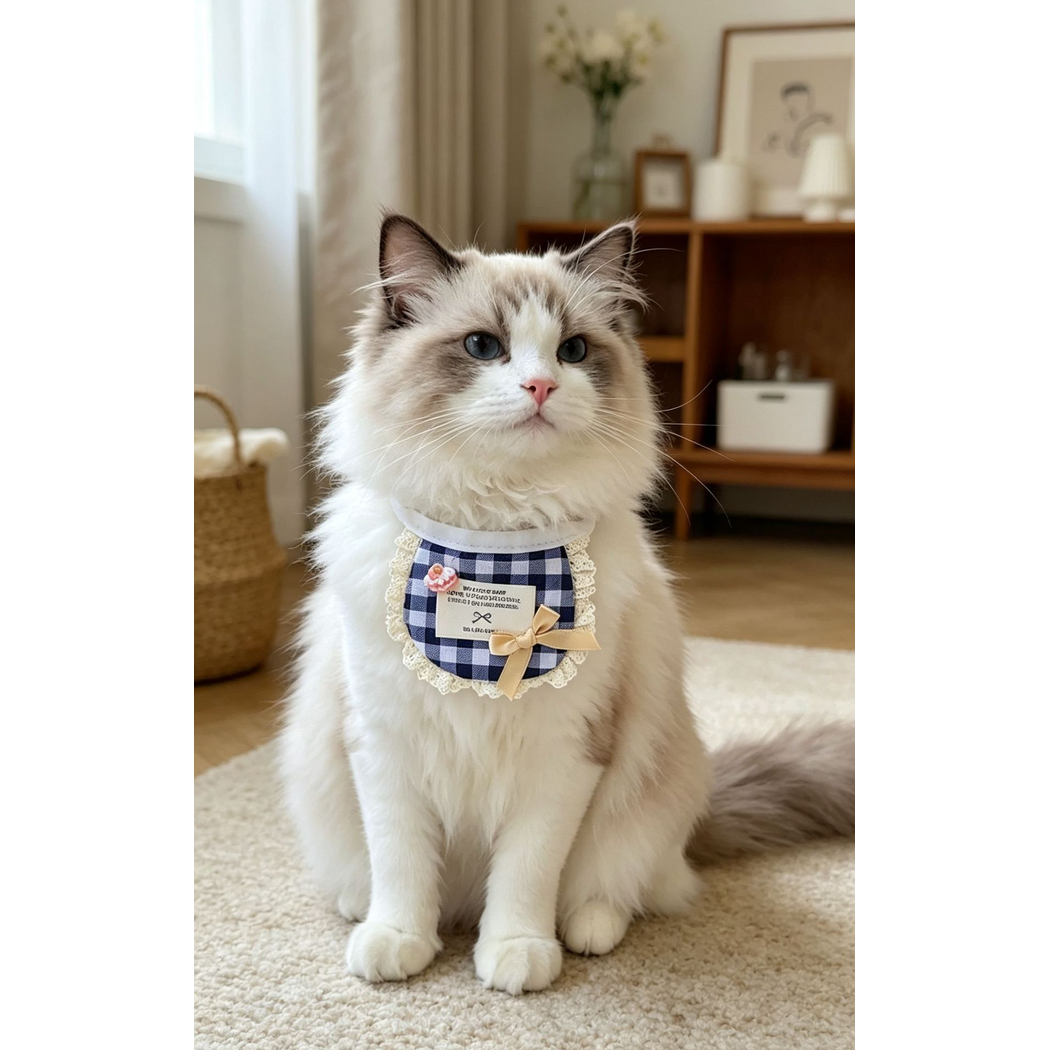 Navy Plaid pet neckwear with beige bow worn by a long-haired cat