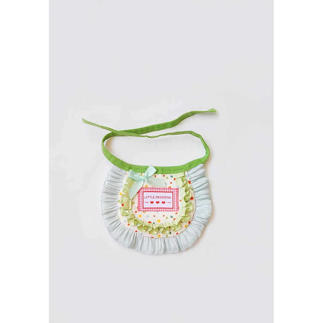 Green polka-dot pet neckwear with bow and pale blue ruffle trim