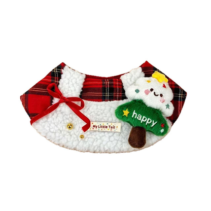 Red plaid decorative pet bib with white textured front, red bow and plush tree appliqué