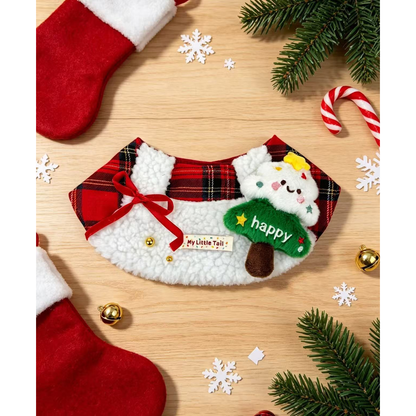 Red plaid decorative pet bib arranged with Christmas stockings, pine branches and bells