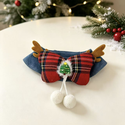 Red tartan bow pet neckwear folded on a festive tabletop