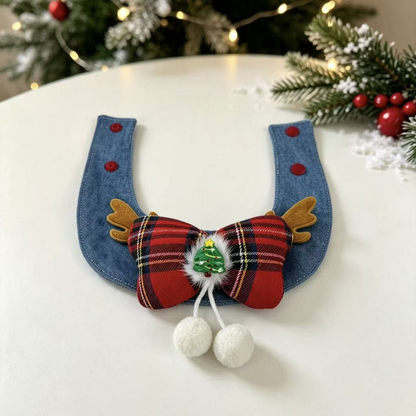 Red tartan bow pet neckwear with antler accents and dangling pom-poms, open view
