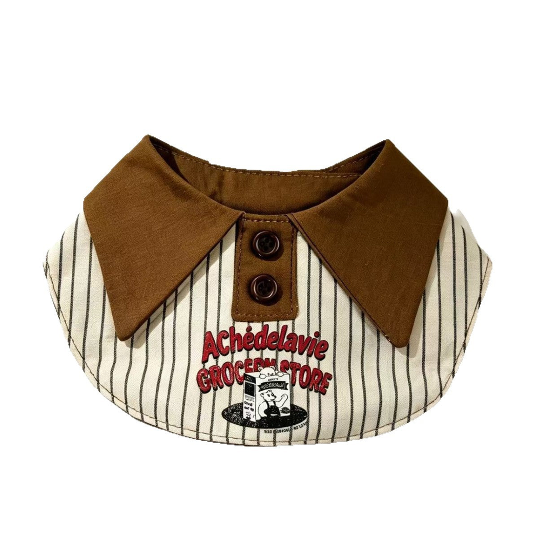 Striped bib-style pet neckwear with brown pointed collar on a white background
