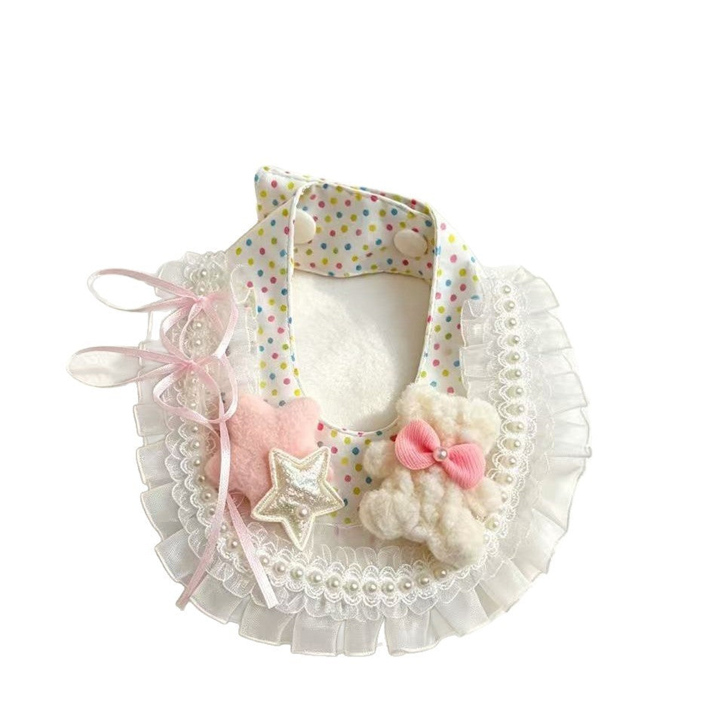 White decorative pet neckwear with pastel dots, layered ruffles, stars and bear applique