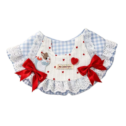 Light blue gingham bib-style pet neckwear with red bows and rabbit embroidery