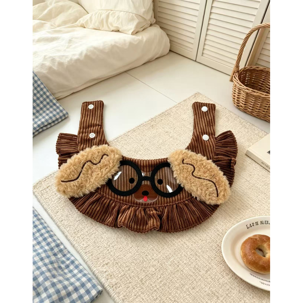 Full back view of brown dog-face pet neckwear with two snap-fastened straps
