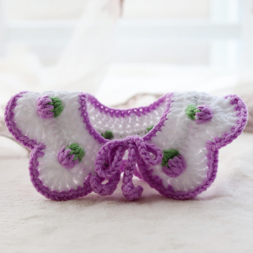 Purple Bud pet neckwear with scalloped edges, raised bud motifs and tie cords