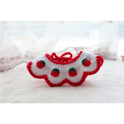 Red Berry pet neckwear reverse view showing the scalloped panel and raised berry motifs
