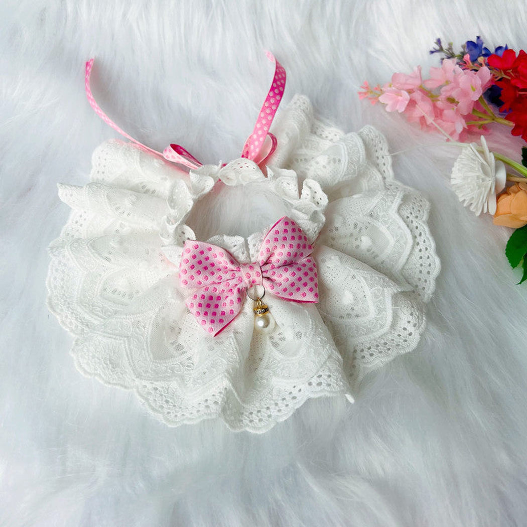 Pink Polka bow pet neckwear with white layered ruffles and pearl-look detail
