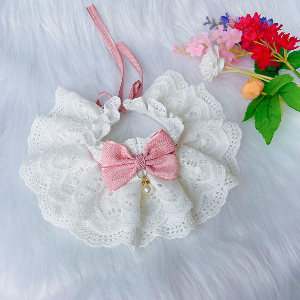Light Pink bow pet neckwear with white layered ruffles and pearl-look detail