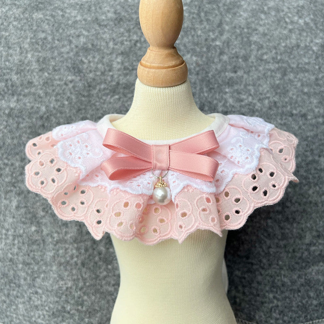Light Pink layered pet neckwear with bow and pearl-look bead
